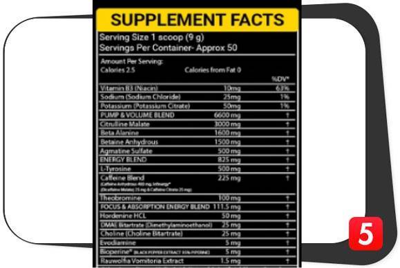 The supplement facts label for Bowmar Nutrition Pre-Workout for our review