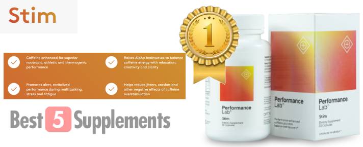 A bottle of Performance Lab Stim as our Best Caffeine & L-Theanine Supplement